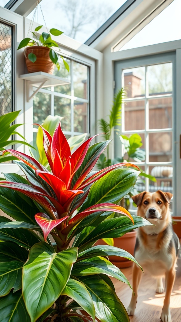 A vibrant bromeliad plant with bold red and green leaves, in a sunlit room with a dog nearby.