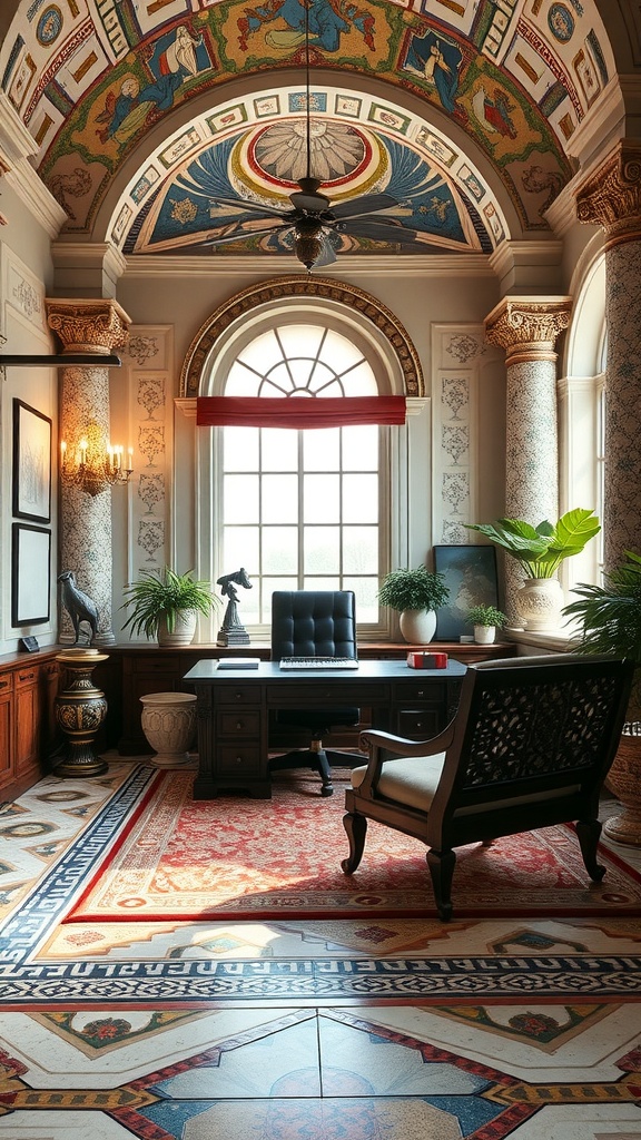 A luxurious home office with Byzantine decorative touches, featuring a frescoed ceiling, elegant columns, and intricate flooring.