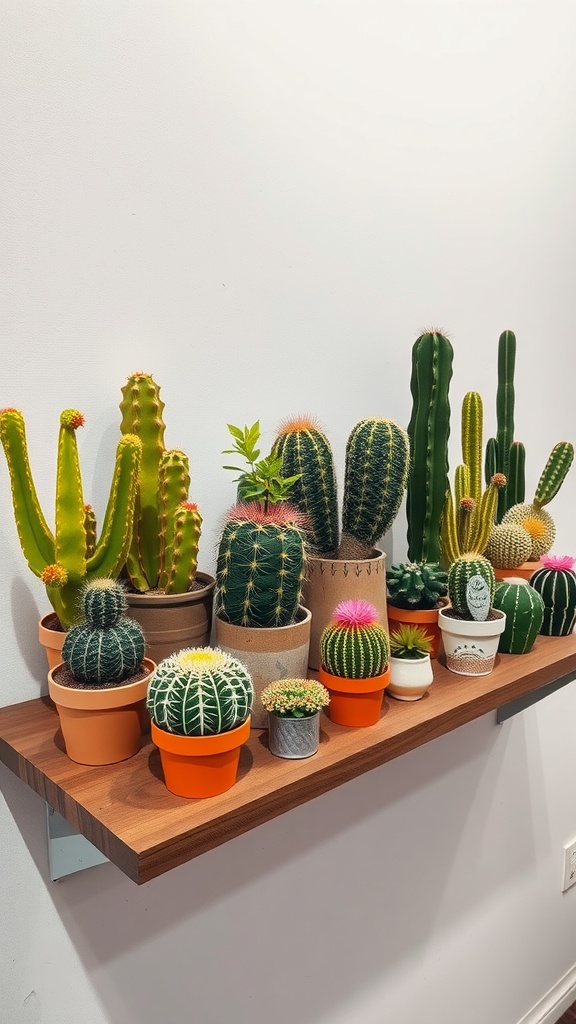 A collection of cacti in different pots displayed on a wooden shelf.