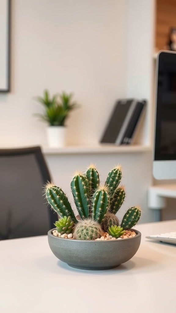 A variety of cacti in a modern pot on an office desk