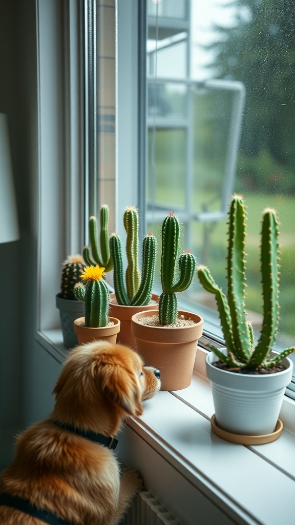 A golden retriever looking at various cacti on a windowsill