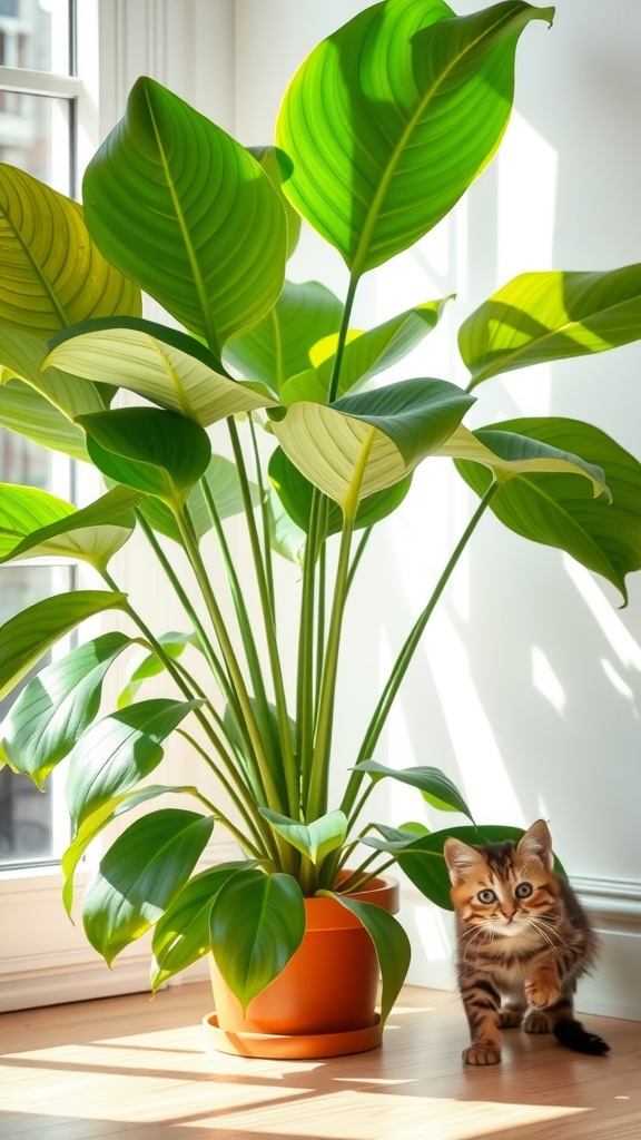 A Calathea plant with large green leaves next to a playful kitten.