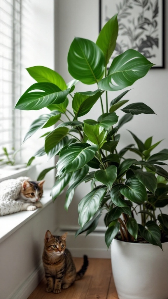 A vibrant Calathea plant in a stylish pot with a cat peeking from behind it, showcasing its eye-catching foliage.