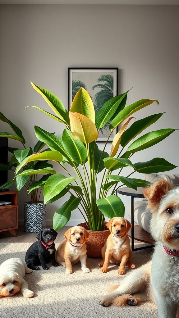 A large Calathea plant in a cozy room with playful dogs around it.