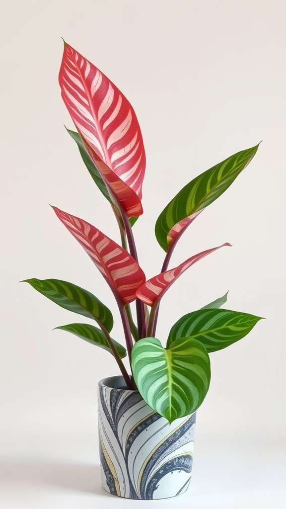 Calathea plant with red and green leaves in a decorative pot.