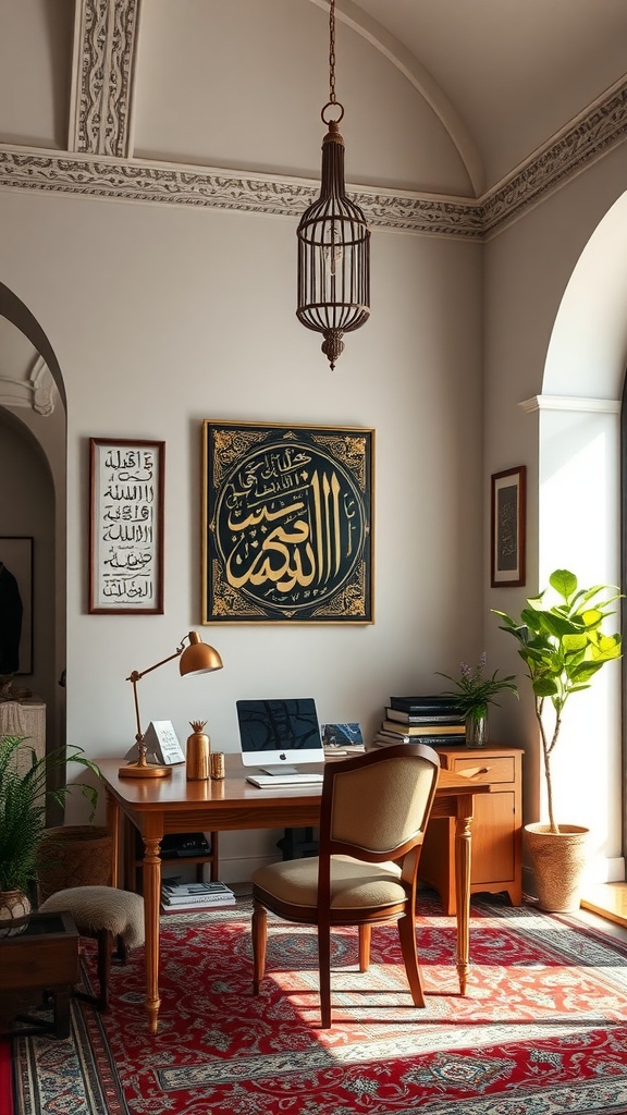 A stylish home office featuring Islamic calligraphy, a wooden desk, and a cozy setting.