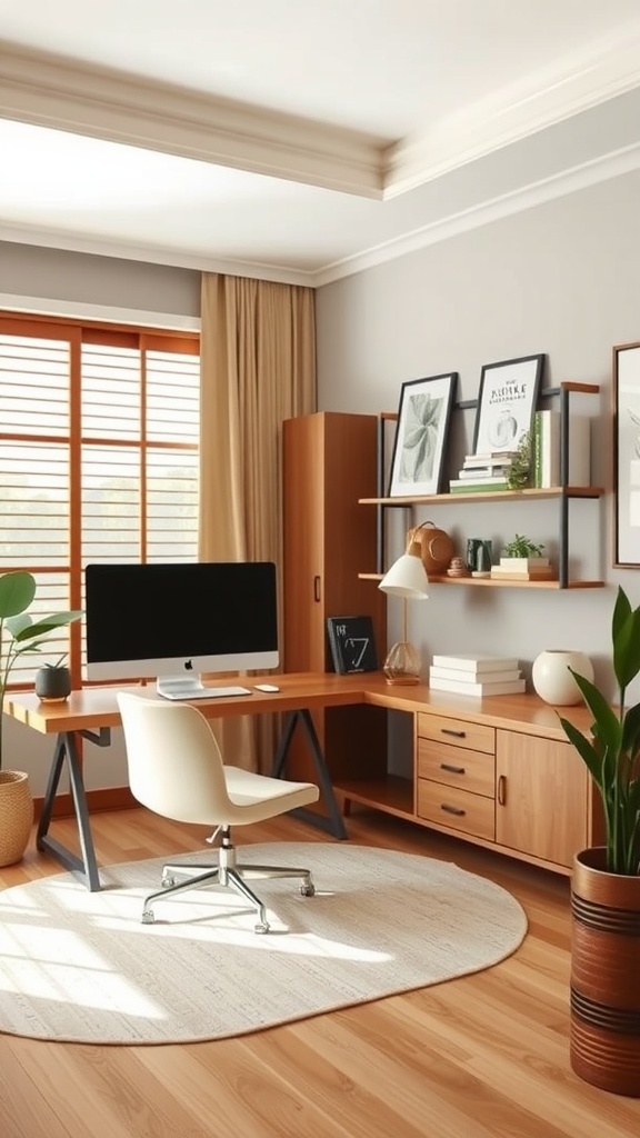 A stylish Japandi-inspired home office with light wood furniture, a desk, a plant, and natural light.