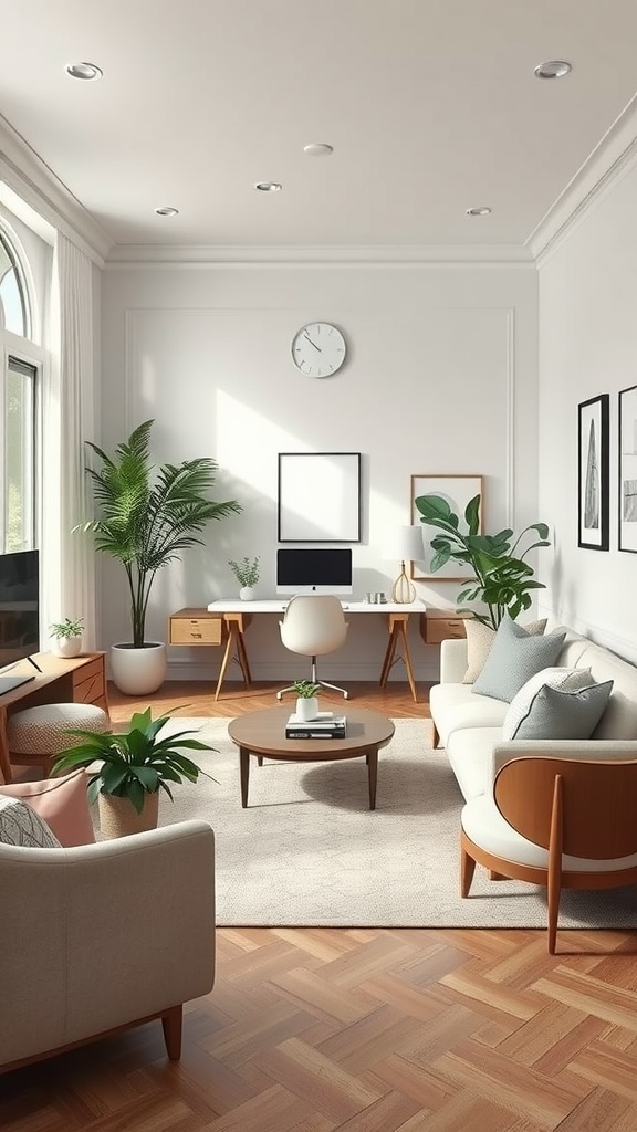 A calming living room and home office space featuring neutral colors, plants, and modern furniture.