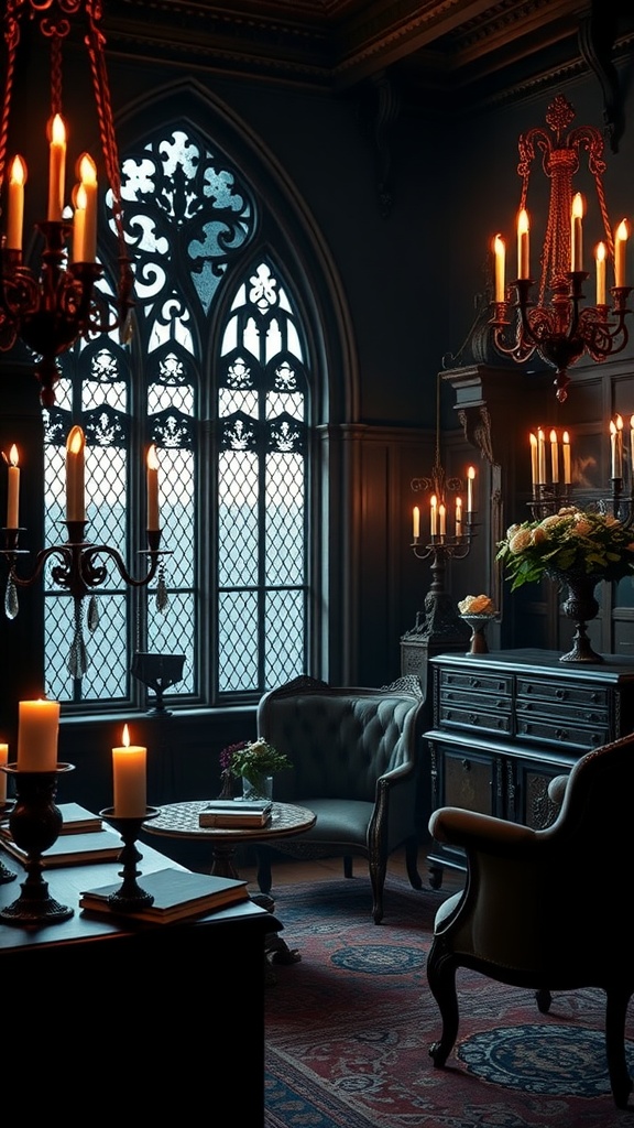 A gothic style home office with dark wood furniture, candelabras, and a gothic rose window.