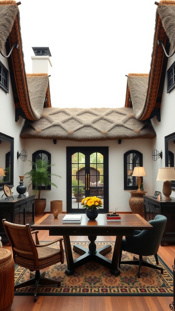 A home office in Cape Dutch style featuring thatched roofs, wooden furniture, and natural light
