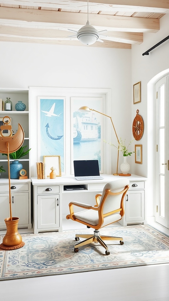 A bright and airy home office with coastal decor, featuring a desk, chair, and nautical artwork.