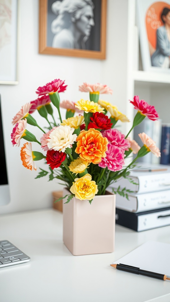 A colorful arrangement of carnations in a modern vase, placed on a desk in a stylish home office setting.