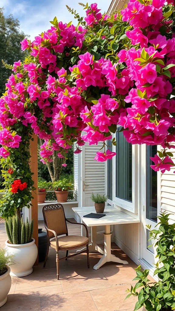 A balcony adorned with cascading pink bougainvillea flowers, featuring a small wooden table and chairs surrounded by colorful potted plants.