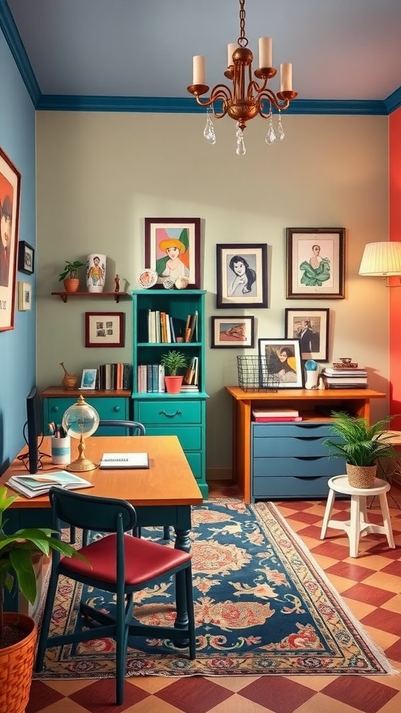 A colorful home office with a mix of teal and soft green walls, wooden furniture, patterned rug, and framed art, reflecting Italian interior design.