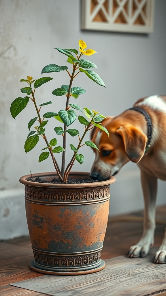 A dog sniffing a Cast Iron Plant in a decorative terracotta pot