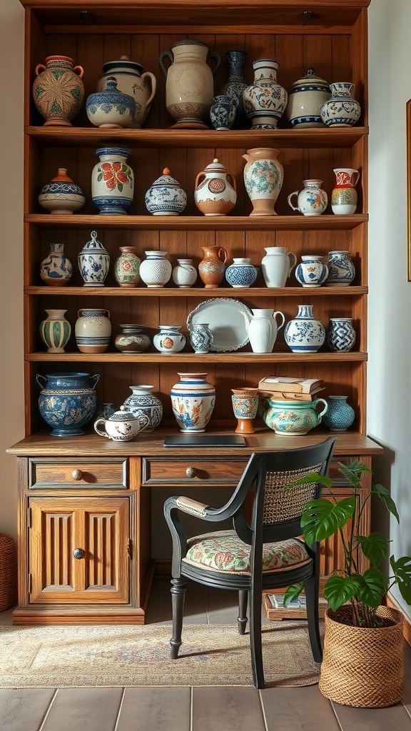 A collection of ceramic pots and artifacts displayed on wooden shelves, showcasing various colors and designs.