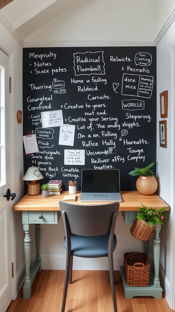 Cozy cottage-style home office with a chalkboard wall, wooden desk, and white chair.