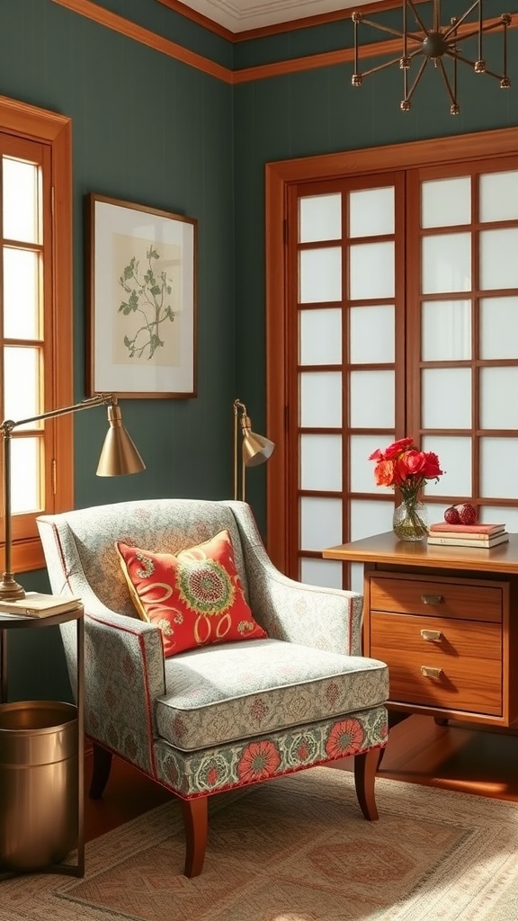 A cozy home office featuring two charming accent chairs with a wooden desk and stylish decor.