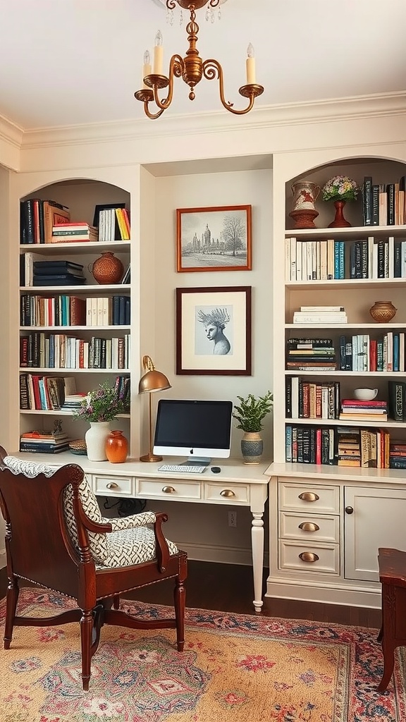Charming home office with built-in bookshelves showcasing cozy cottage interiors.