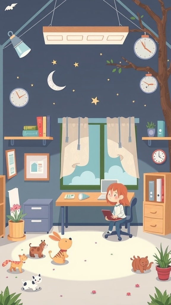 A charming illustration of a young girl in a cozy home office with playful pets and a whimsical background.