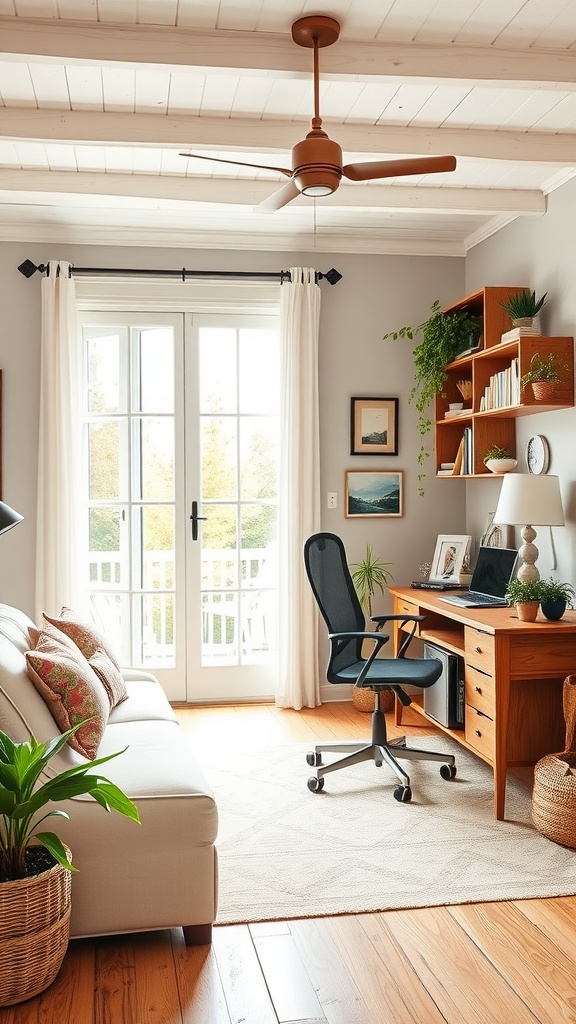 A cozy cottage office with a wooden desk, black chair, comfortable sofa, and natural light coming through double doors.