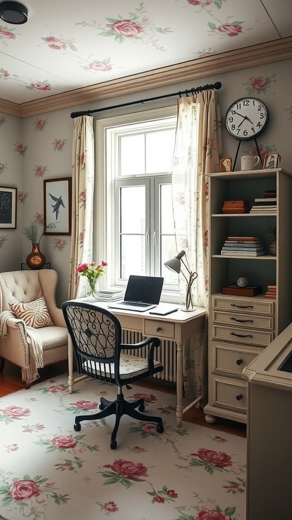 A charming cottage office with floral wallpaper, wooden furniture, and a cozy atmosphere.