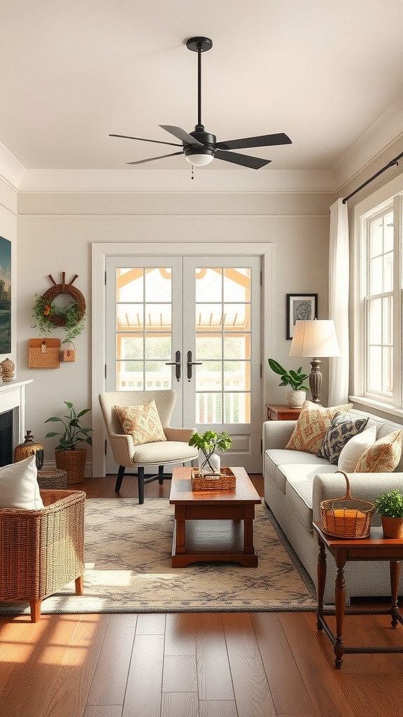 A charming cottage-style living room featuring light colors, cozy furnishings, and a warm atmosphere.