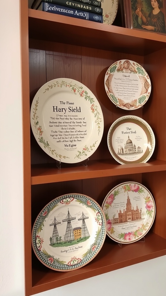 A wooden shelf displaying decorative plates with various designs and patterns.