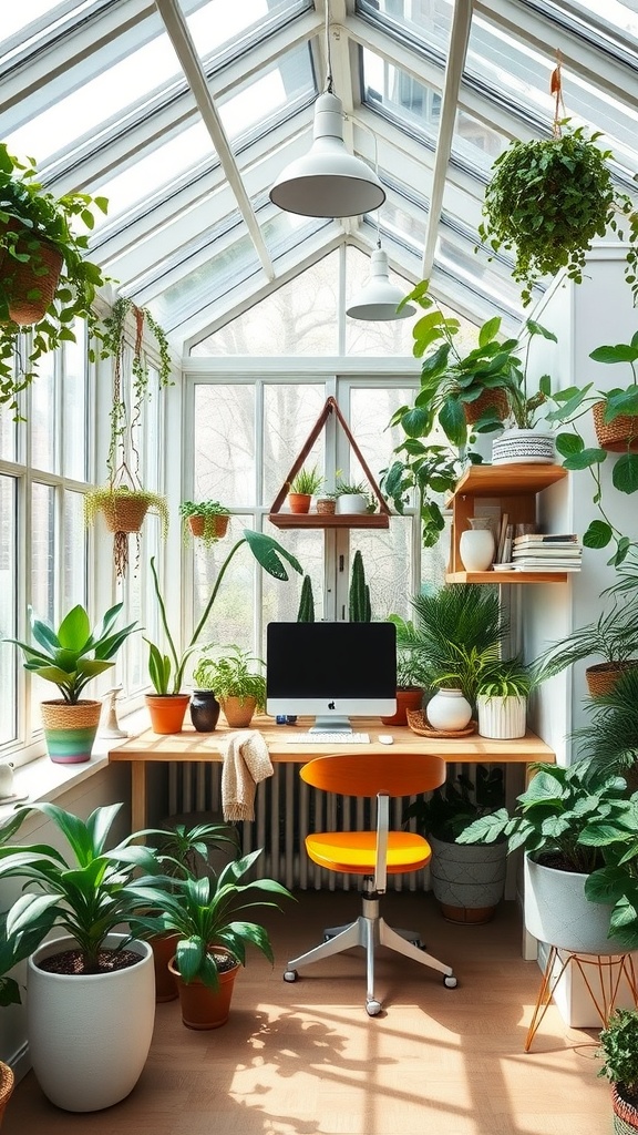 A cozy greenhouse workspace featuring a desk, chair, and various indoor plants.