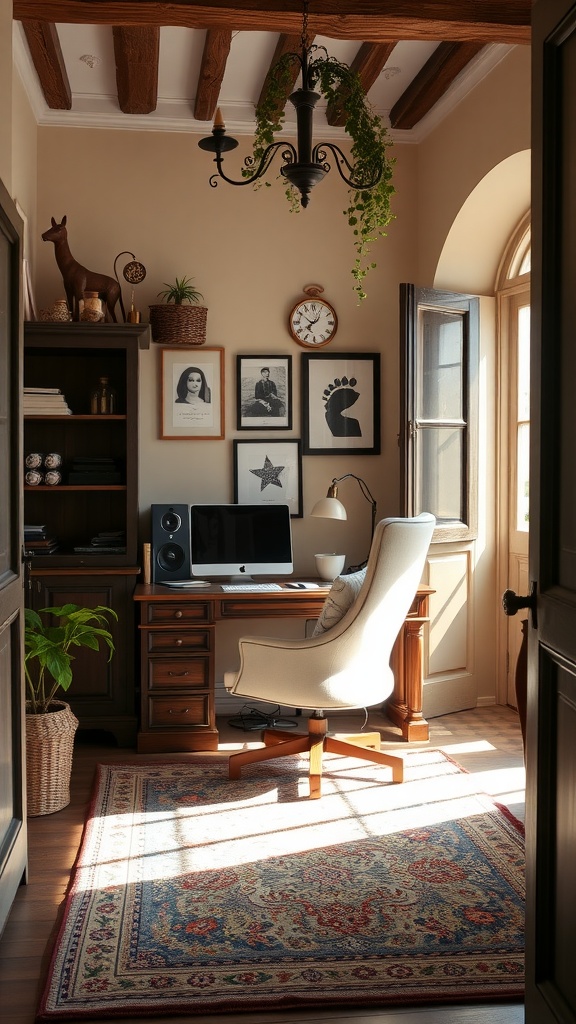 A cozy home office featuring wooden beams, a vintage desk, and stylish decor, inspired by Italian interior design.