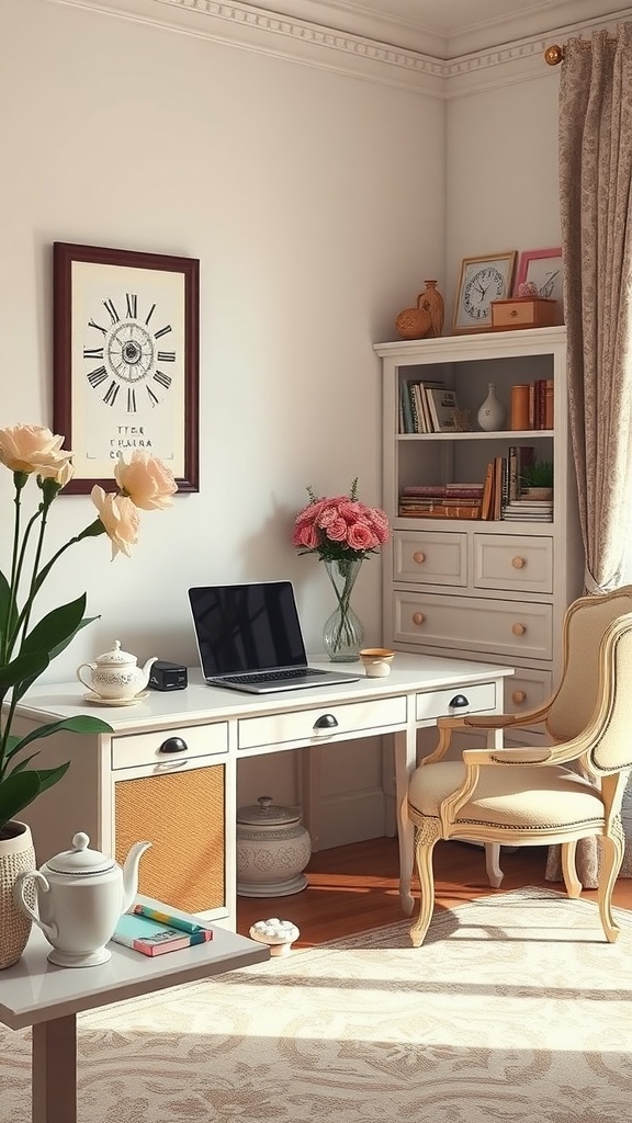 A beautiful home office setup with a tea station, featuring elegant decor, a desk, and flowers