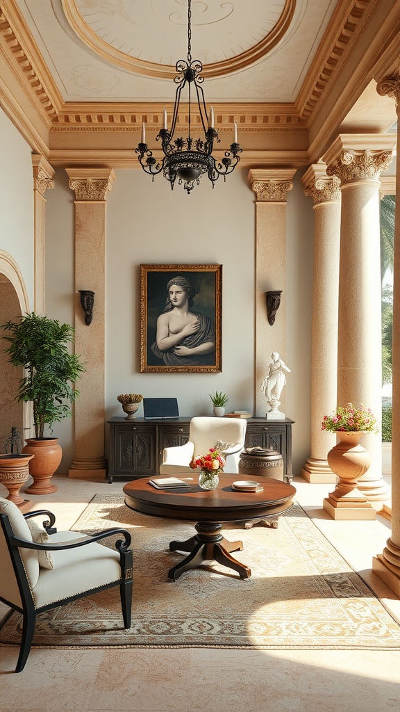 Interior of a Roman villa with columns, a chandelier, a round table, and elegant decor elements