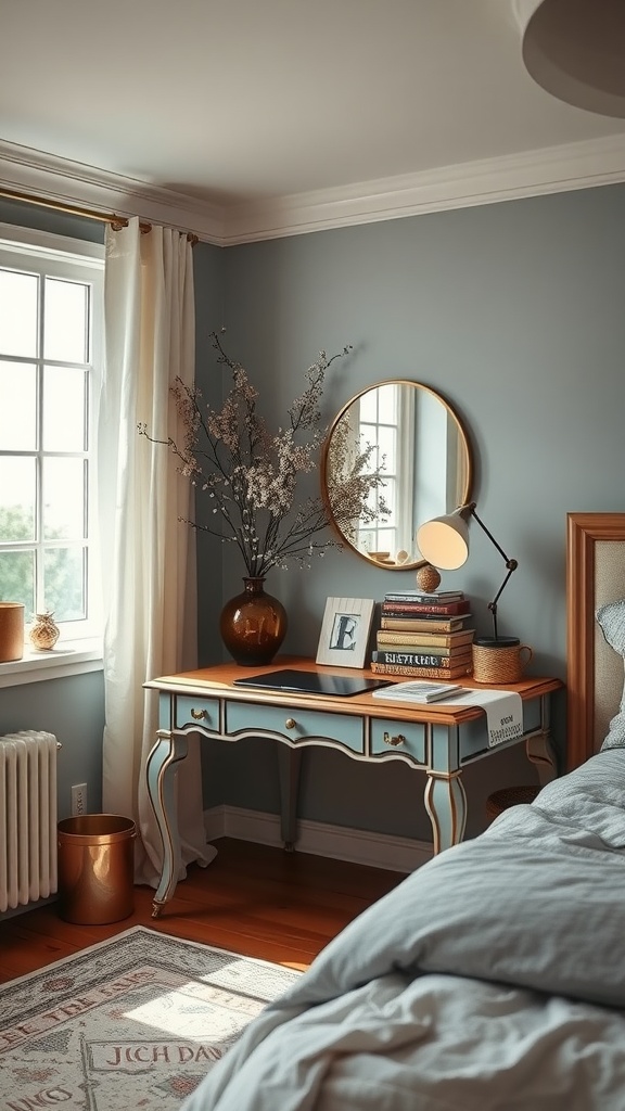 A vintage-style desk with a blue finish, books, a lamp, and decorative items in a cozy bedroom setting.