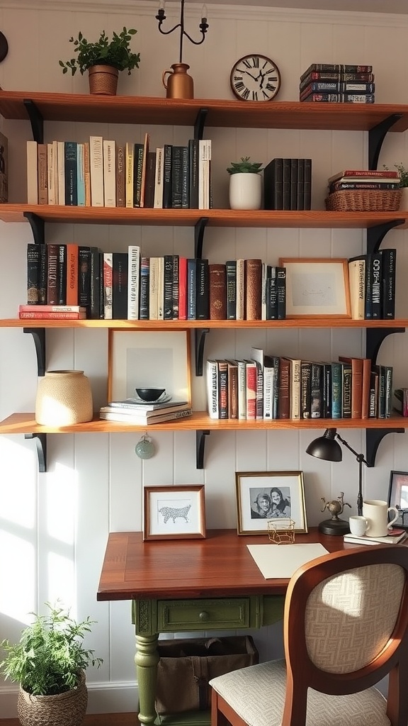 Cozy home office with charming wall shelves filled with books and plants, showcasing the English cottage aesthetic.