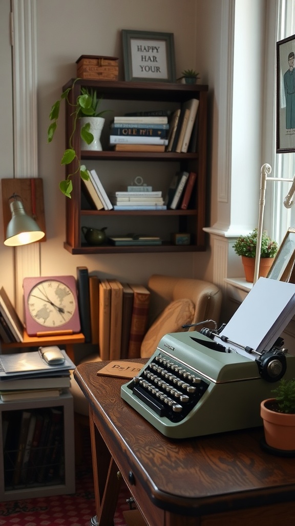 A charming writing corner with a green typewriter, wooden desk, potted plant, and cozy decor reflecting vintage English cottage interiors.