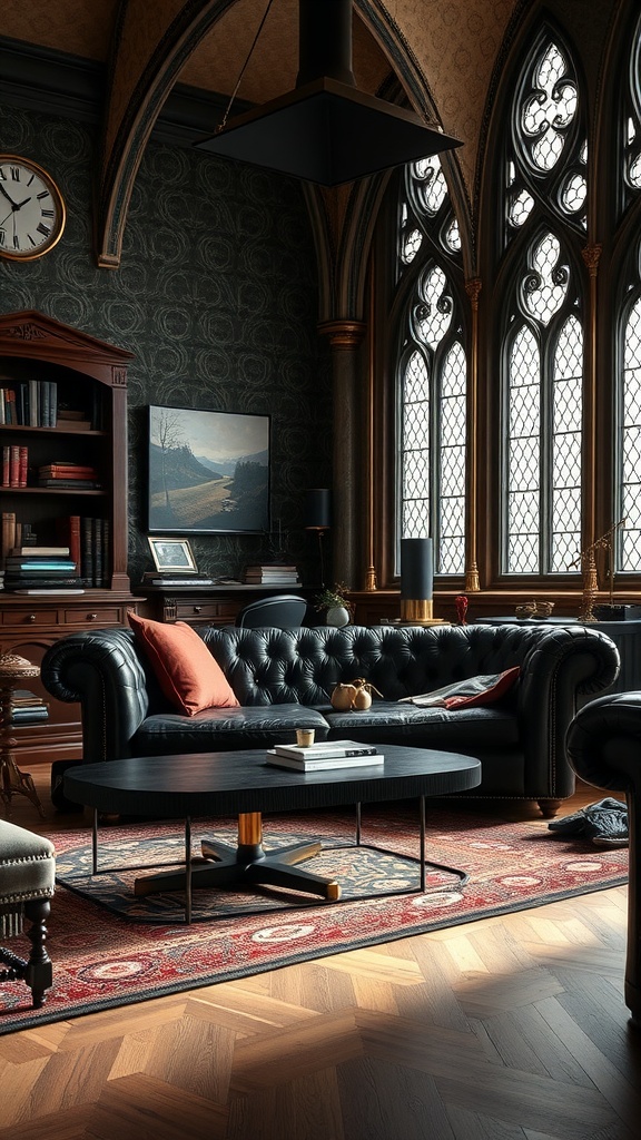 A luxurious black Chesterfield sofa in a gothic style home office with intricate architecture and a gothic rose window.