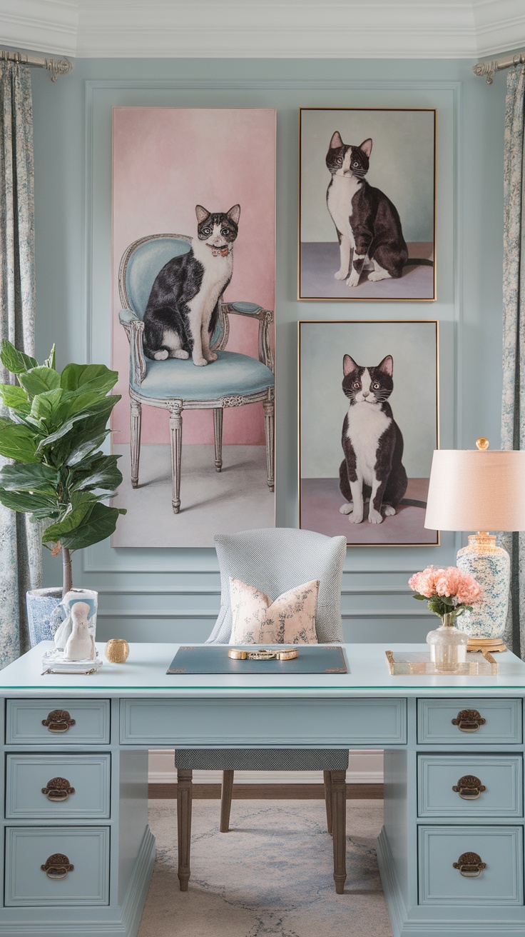 Chic animal portraits featuring a white dog and a black and tan dog in a stylish office setting.