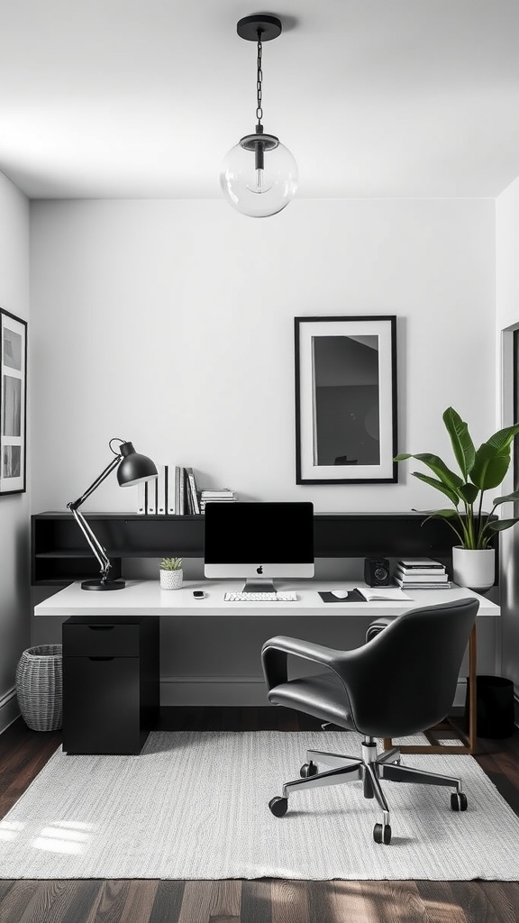 A modern home office featuring black and white decor with a desk, chair, and plant