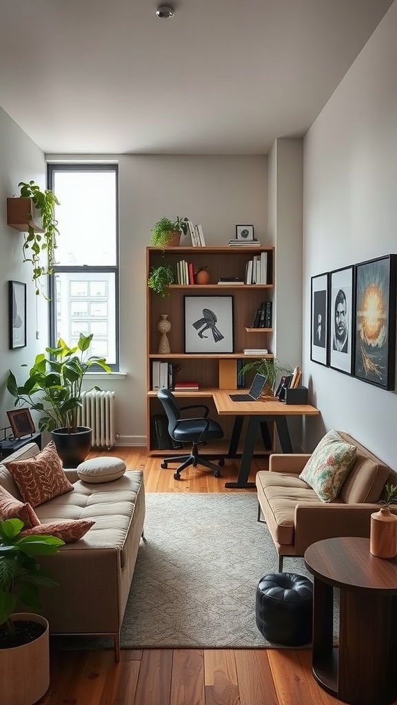 A stylish city apartment office featuring a cozy sofa, modern desk, and plenty of plants.