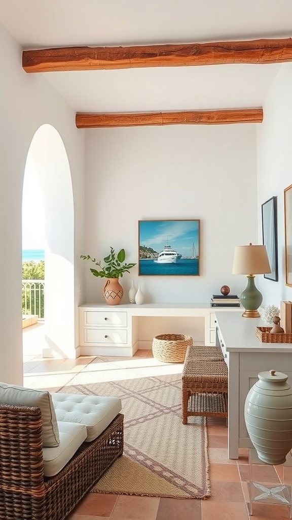 Bright and airy home office featuring coastal Spanish architecture elements, light walls, wooden beams, and stylish furniture.