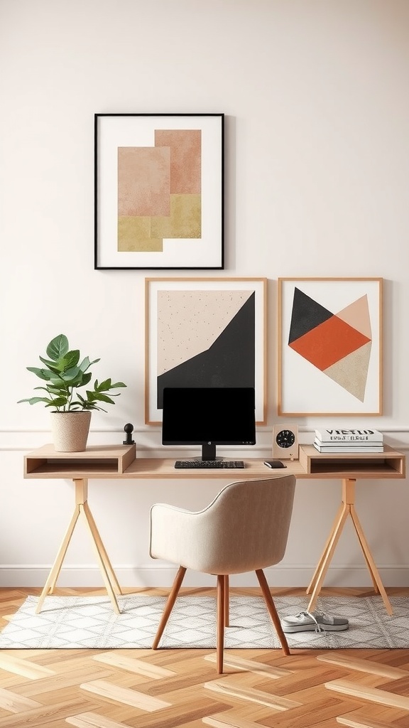 Modern home office with geometric art on the walls, a wooden desk, and a cozy chair