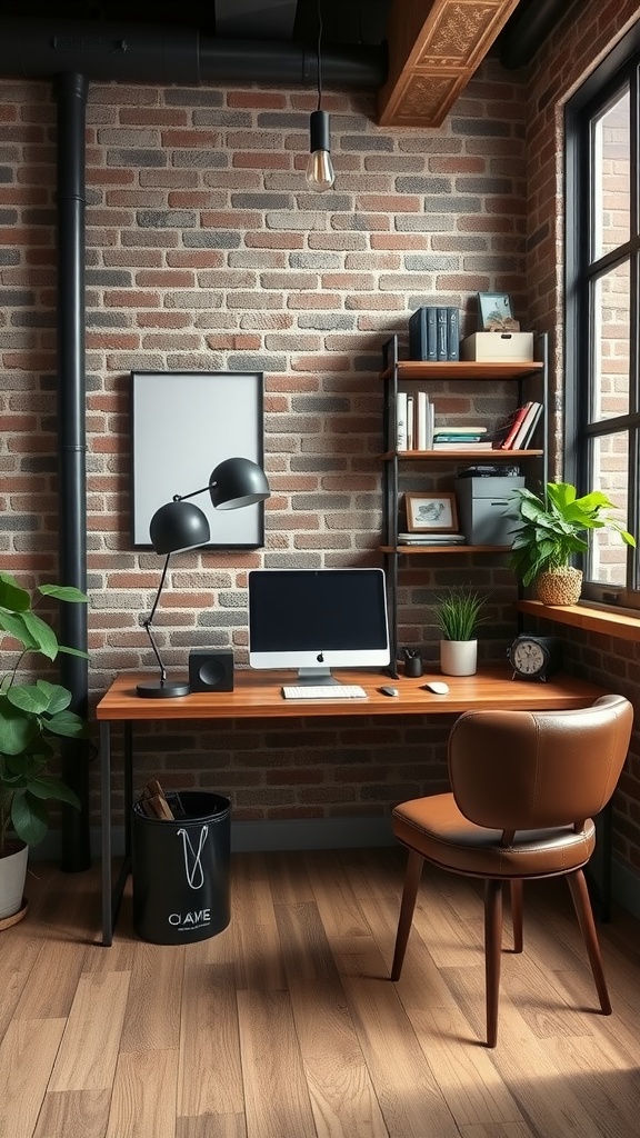 Chic industrial-style small home office with brick wall, wooden desk, and plants