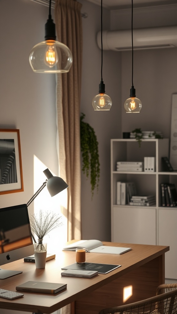 A stylish Scandinavian home office featuring chic pendant lighting over a wooden desk.