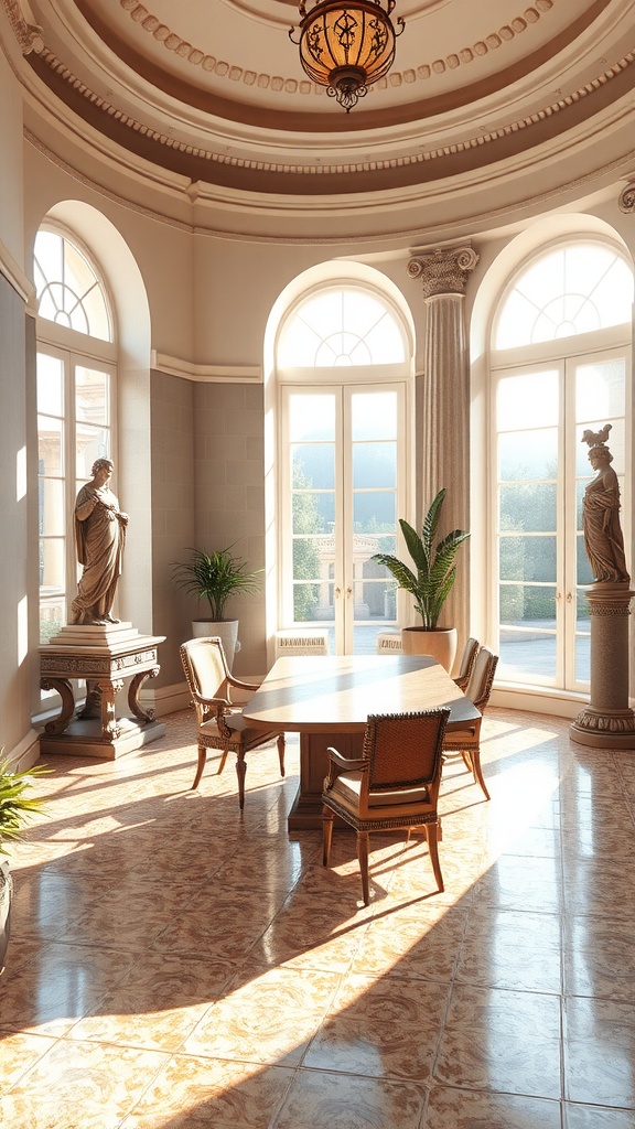 Chic Mediterranean home office with tall windows, Roman pillars, and elegant decor