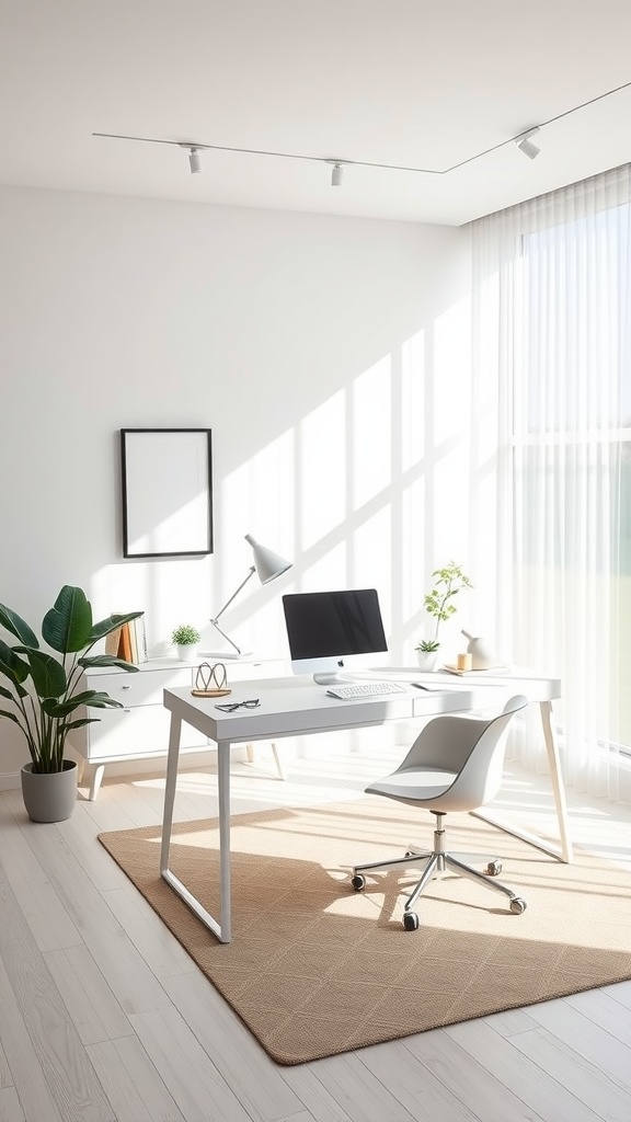 A bright and minimalist home office featuring a white desk, a modern chair, and green plants.