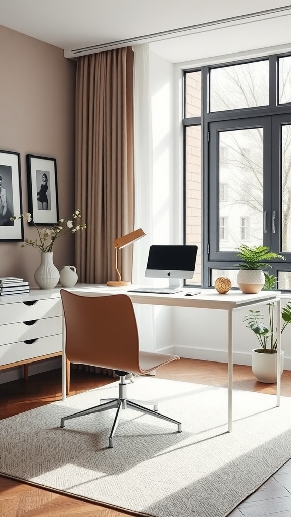 A minimalist home office featuring a white desk, a cozy chair, potted plants, and natural light.