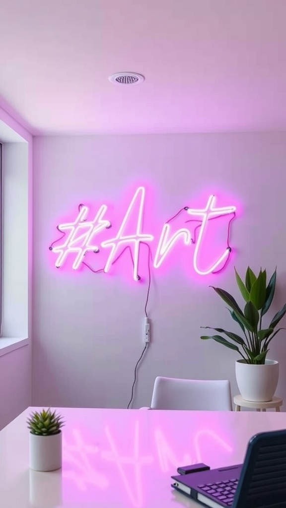 Chic pink neon sign in a home office with the phrase 'Wine Wemtink got Withes'.