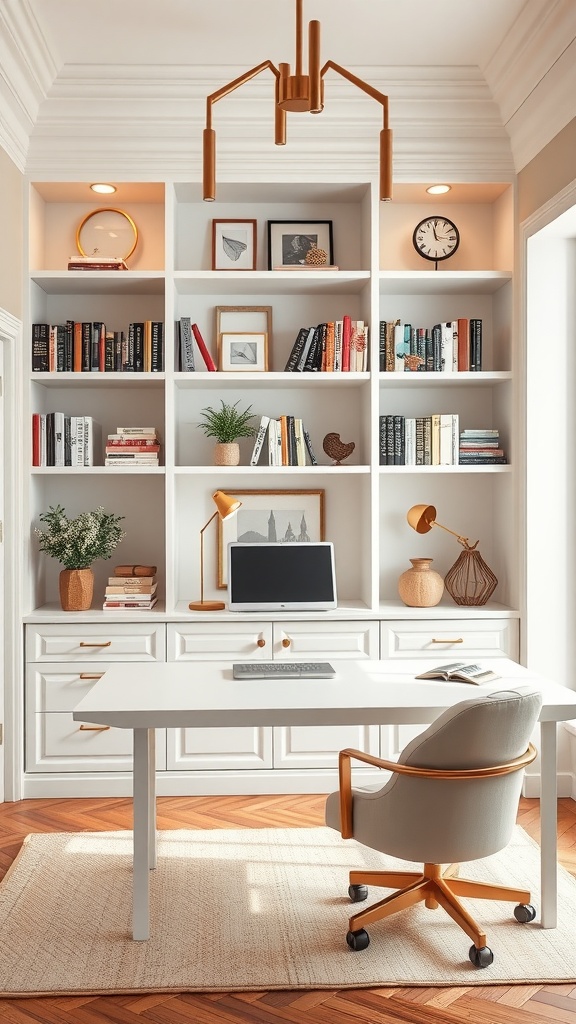 An elegant home office with open shelving featuring books, decorative items, and a modern desk.