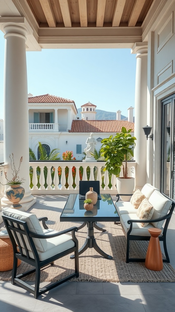 Stylish outdoor balcony office with comfortable seating and a beautiful view