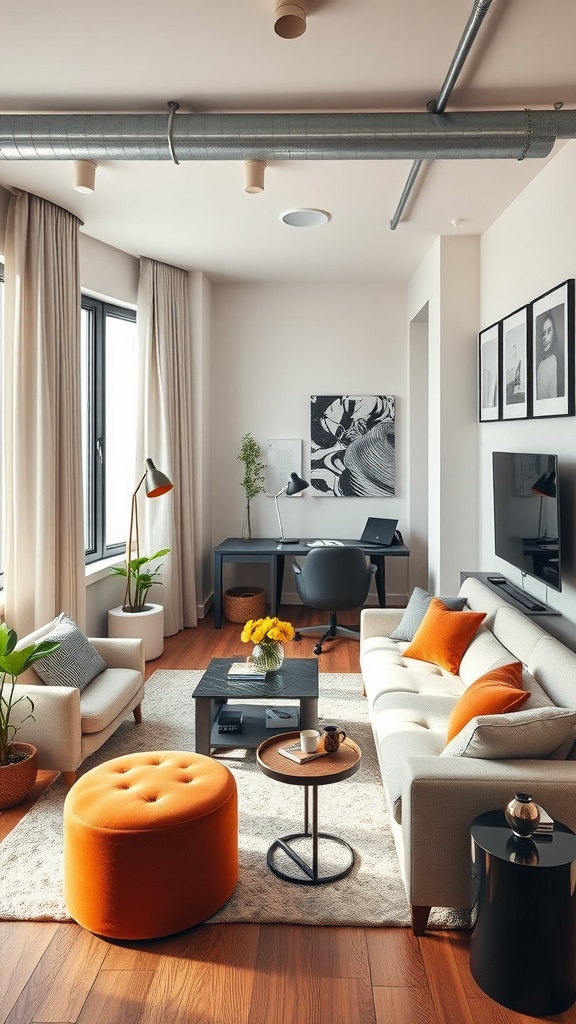 Chic urban apartment living room with modern furniture and a home office setup.
